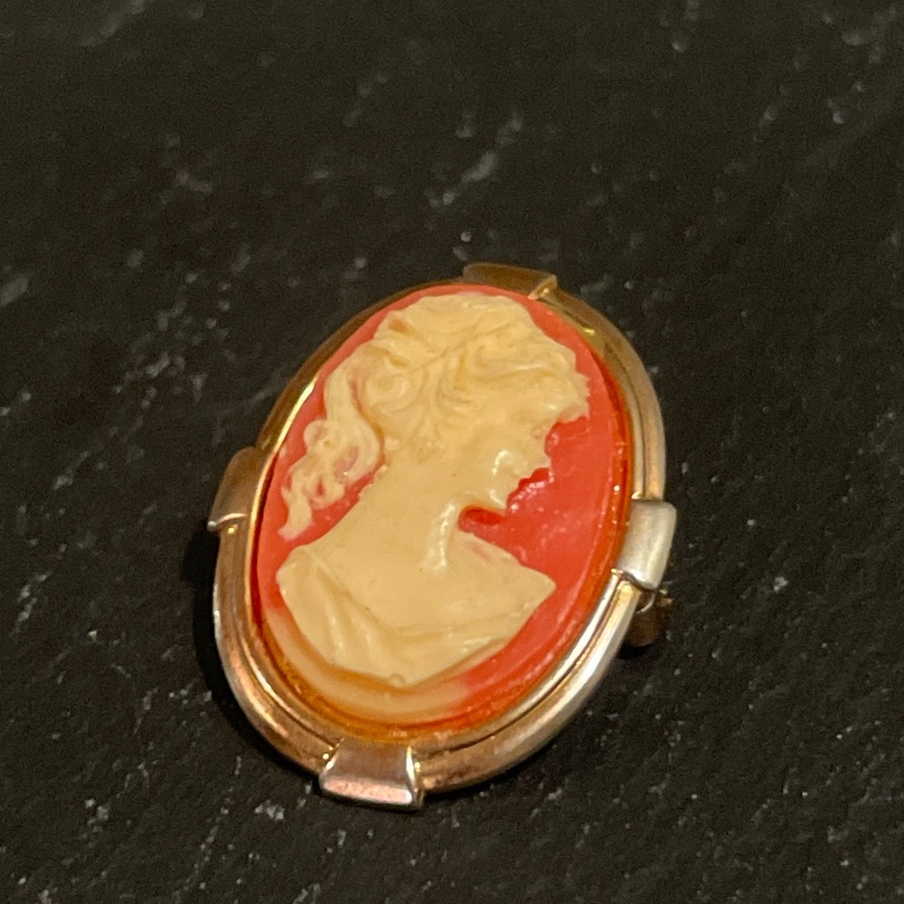 Vintage Cameo Brooch Gold Tone Oval Classical Lady Pin Red Background